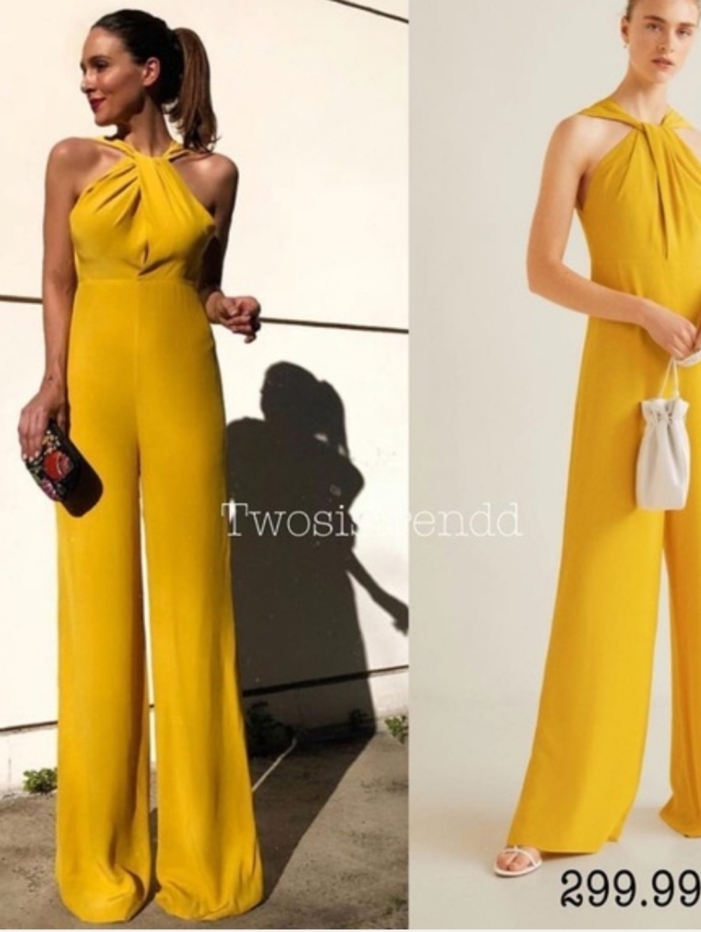 Mango Yellow Halter Twist Wide-Leg Jumpsuit